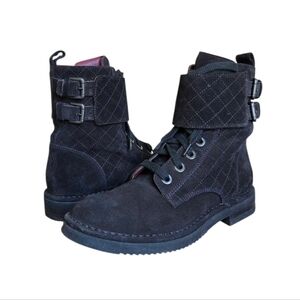 CHANEL Quilted Suede Combat Ankle Boots Buckle Strap Black 37 IG30289
